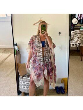 WOVEN HEART BOHO SHAWL COVER UP CREAM PINK WOMENS SIZE MEDIUM